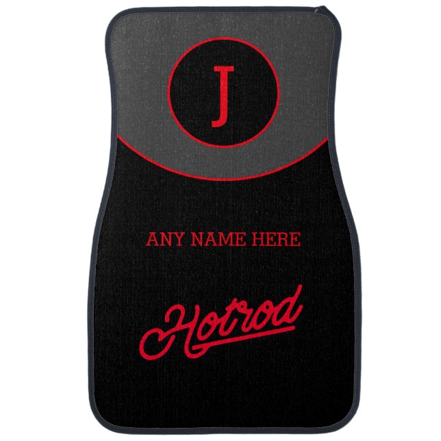 Hotrod Monogram Script Initial Red and Black Car Floor Mat (Front)