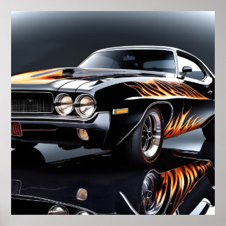 Hotrod Muscle Classic Car with Flames Poster Print