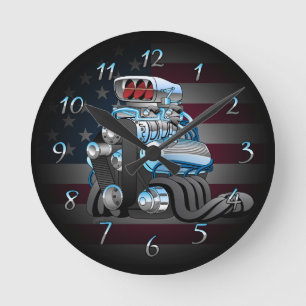 Hotrod Racing Car Engine Cartoon Illustration Round Clock