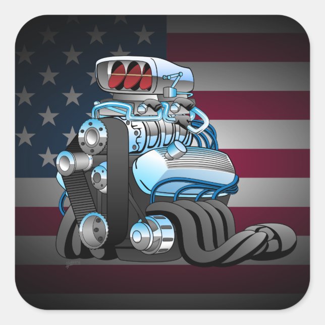Hotrod Racing Car Engine Cartoon Illustration Square Sticker (Front)