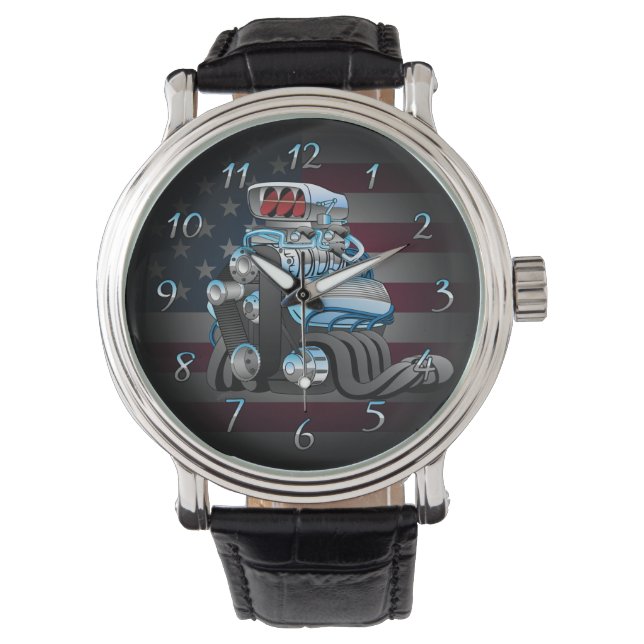 Hotrod Racing Car Engine Cartoon Illustration Watch (Front)