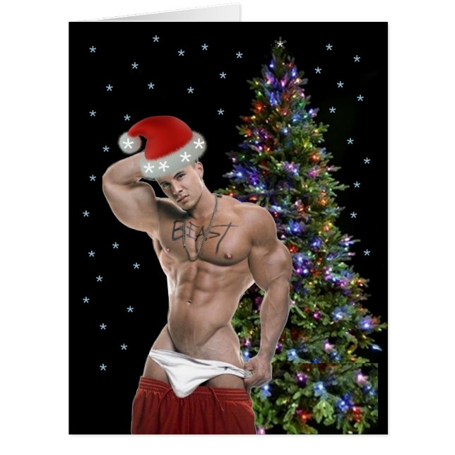 Hottest Hunk Buff Santa Christmas Card (Front)