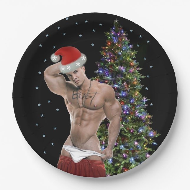 Hottest Hunk Buff Santa Christmas Party  Paper Plates (Front)