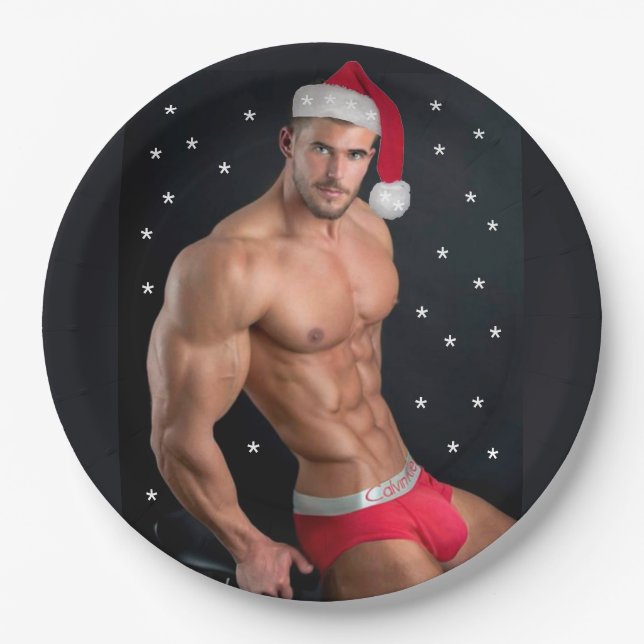 Hottest Hunks on the Planet! Buff Santa  Paper Plates (Front)