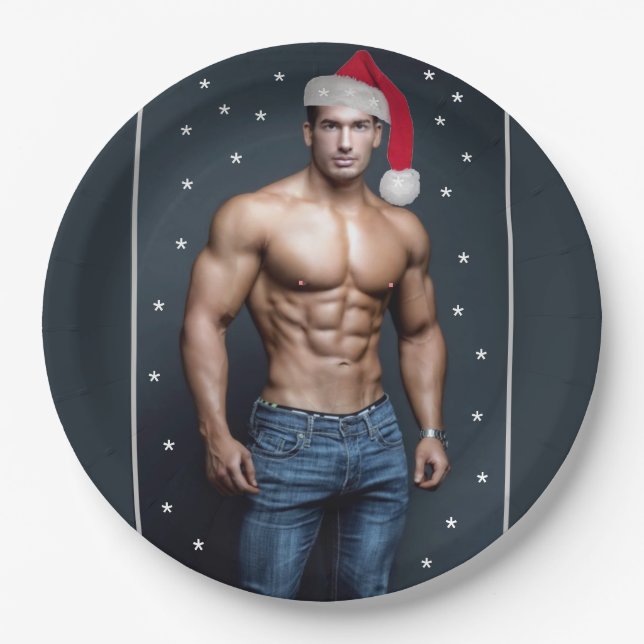 Hottest Hunks On The Planet! Christmas Buff Santa Paper Plates (Front)