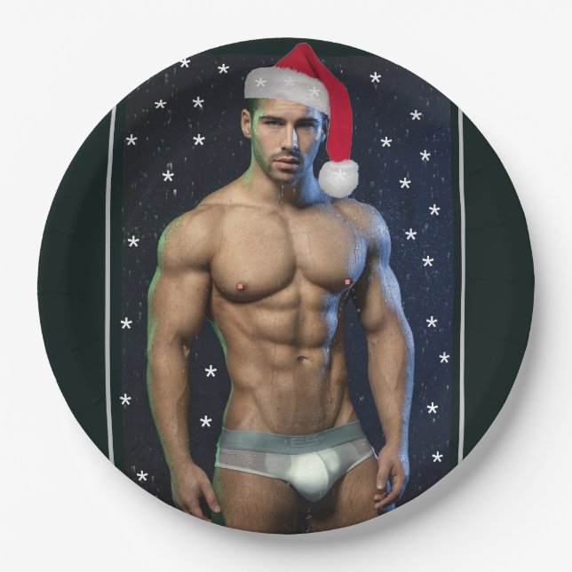 Hottest Hunks On The Planet Christmas Buff Santa   Paper Plates (Front)