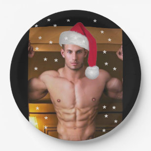 Hottest Hunks on the Planet! Christmas Buff Santa Paper Plates
