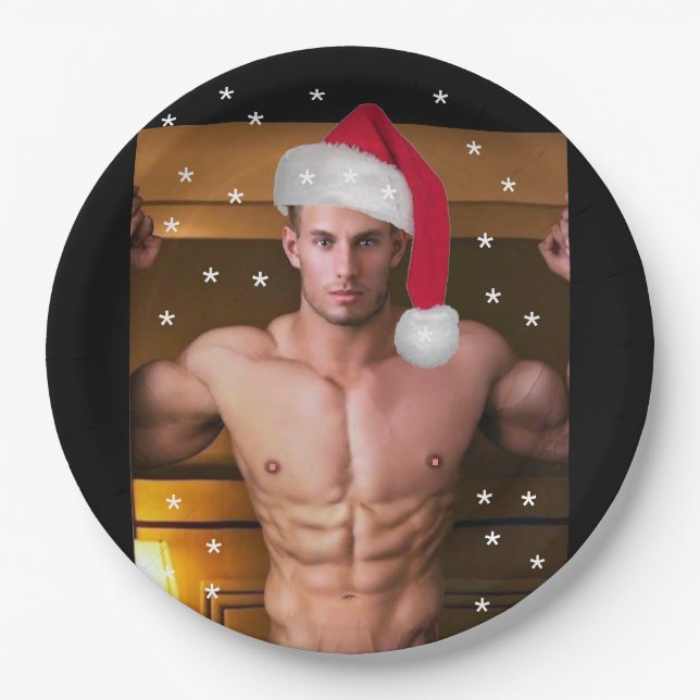 Hottest Hunks on the Planet! Christmas Buff Santa  Paper Plates (Front)