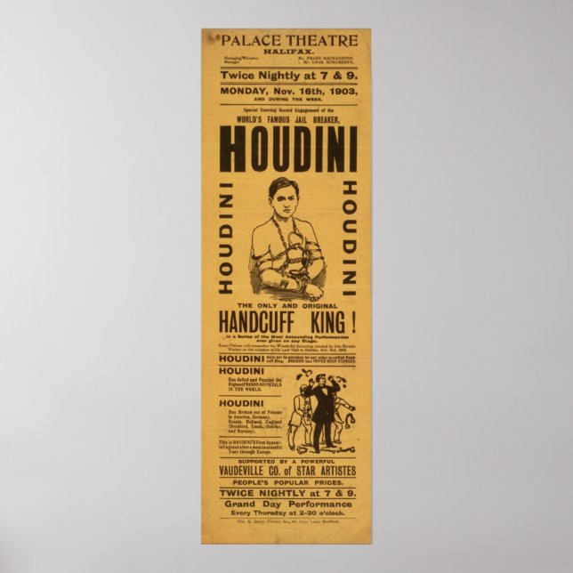 HOUDINI Escape Artist VAUDEVILLE Poster (Front)