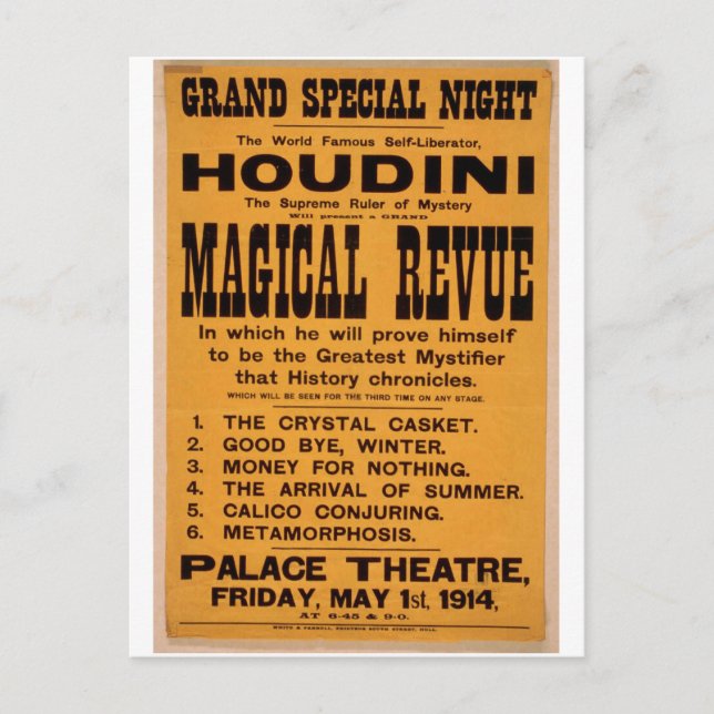 Houdini, 'Magical Revue' Retro Theater Postcard (Front)