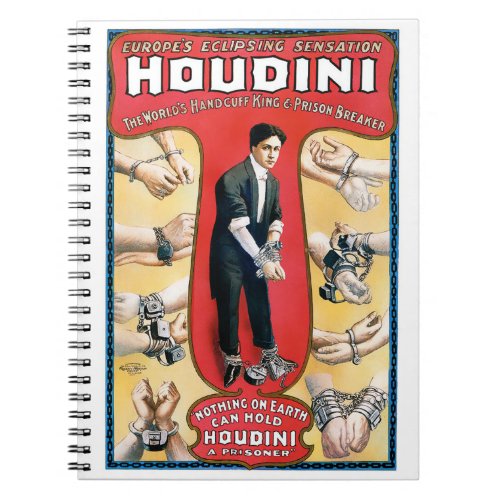 Houdini Magician 1909 Vintage Poster Restored Notebook