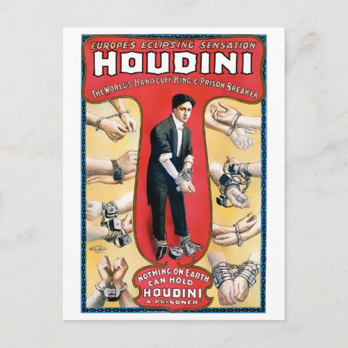 Houdini Magician 1909 Vintage Poster Restored Postcard