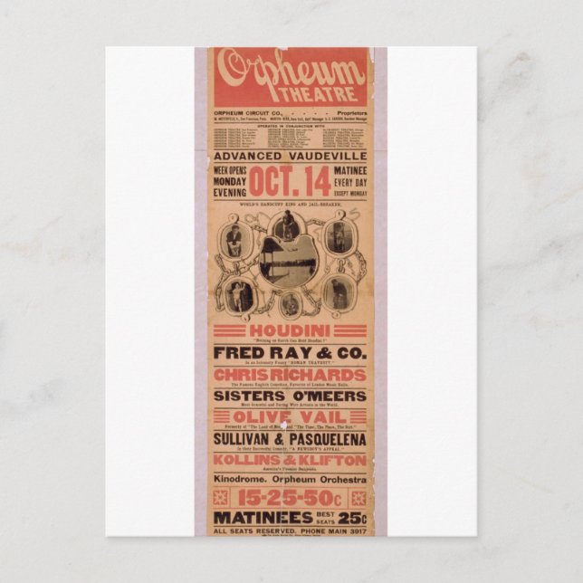 Houdini, 'Orpheuw' Retro Theater Postcard (Front)