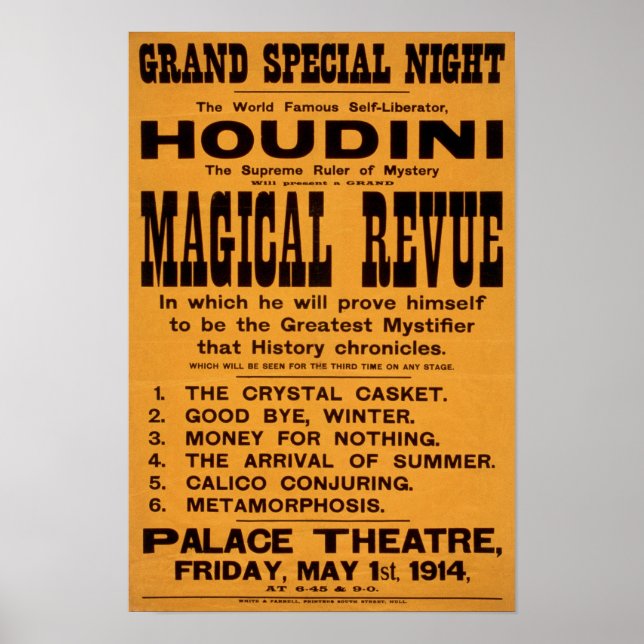 Houdini's Magical Revue, 1914. Vintage Advertising Poster (Front)