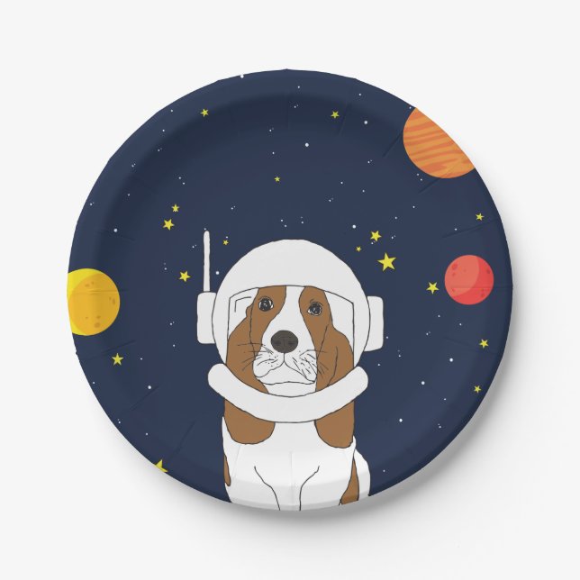 Hound Dog Astronaut Animal With Space Helmet Paper Plates (Front)