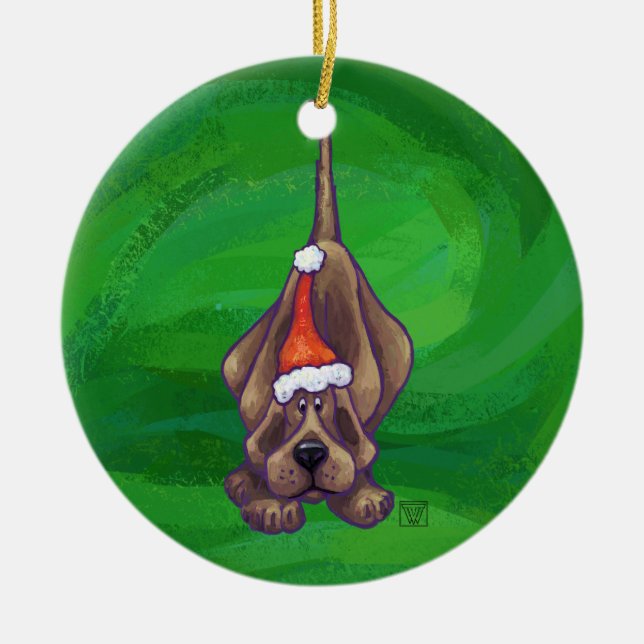 Hound Dog Christmas On Green Ceramic Ornament (Front)