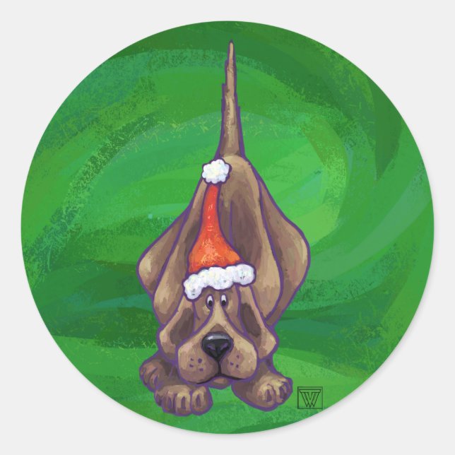 Hound Dog Christmas On Green Classic Round Sticker (Front)