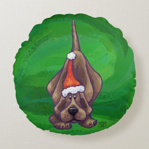 Hound Dog Christmas On Green Round Pillow