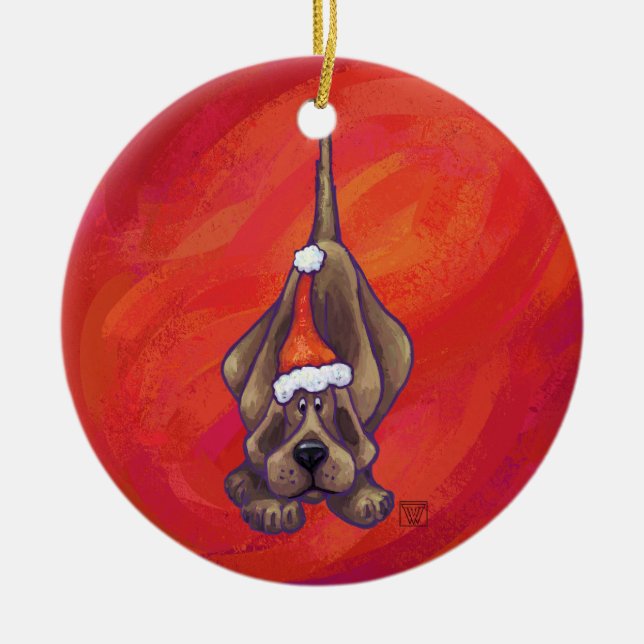Hound Dog Christmas On Red Ceramic Ornament (Front)