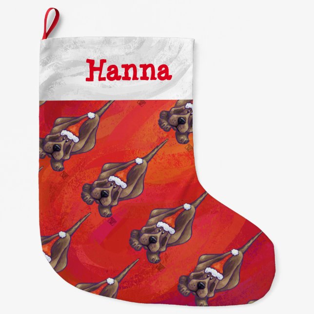 Hound Dog Christmas On Red Large Christmas Stocking (Front)