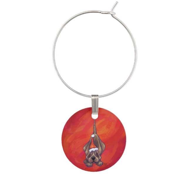 Hound Dog Christmas On Red Wine Glass Charm (Front)