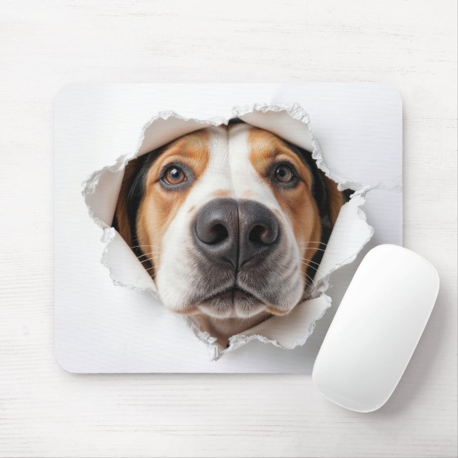 Hound Dog Peeking Through Torn Paper Hole Mouse Pad (With Mouse)
