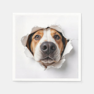 Hound Dog Peeking Through Torn Paper Hole Napkins