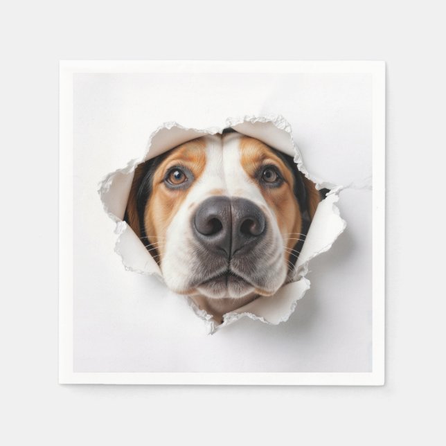 Hound Dog Peeking Through Torn Paper Hole Napkins (Front)