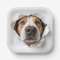 Hound Dog Peeking Through Torn Paper Hole