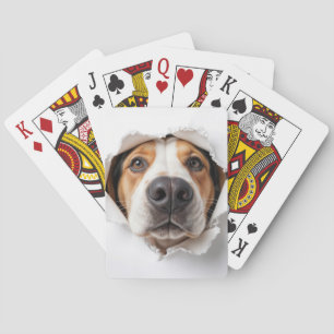 Hound Dog Peeking Through Torn Paper Hole Poker Cards