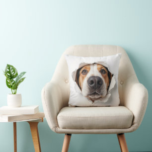 Hound Dog Peeking Through Torn Paper Hole Throw Pillow