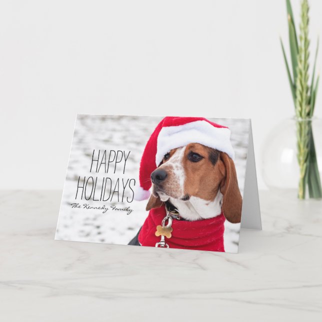 Hound dog wearing a winter coat and a Christmas Holiday Card (Front)