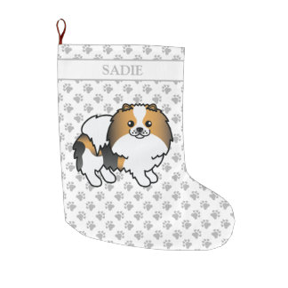 Hound Tricolor Pomeranian Cute Cartoon Dog &amp; Name Large Christmas Stocking