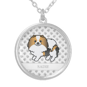 Hound Tricolor Pomeranian Cute Cartoon Dog & Name Silver Plated Necklace