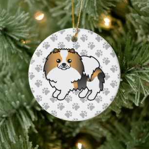 Hound Tricolor Pomeranian Cute Cartoon Dog & Paws Ceramic Ornament