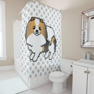 Hound Tricolor Pomeranian Cute Cartoon Dog &amp; Paws Shower Curtain