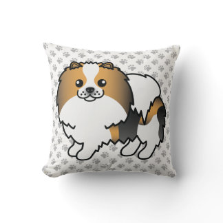 Hound Tricolor Pomeranian Cute Cartoon Dog &amp; Paws Throw Pillow