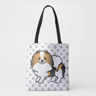 Hound Tricolor Pomeranian Cute Cartoon Dog &amp; Paws Tote Bag