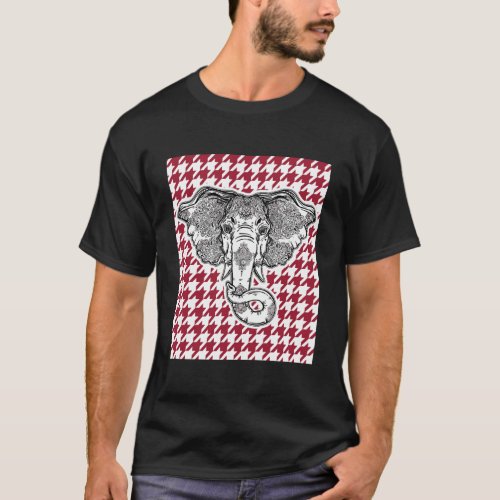 Houndstooth Alabama Crimson And White With Elephan T_Shirt
