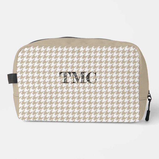 Houndstooth Beige White INITIALS Preppy Chic  Dopp Kit (Front)