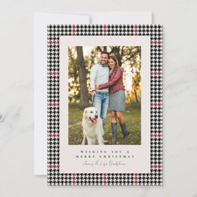 Houndstooth black and red one photo Christmas Holiday Card (Front)