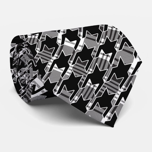 Houndstooth Black And White Patchwork Pattern Neck Tie (Rolled)