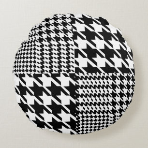 Houndstooth Black And White Patchwork Pattern Round Pillow