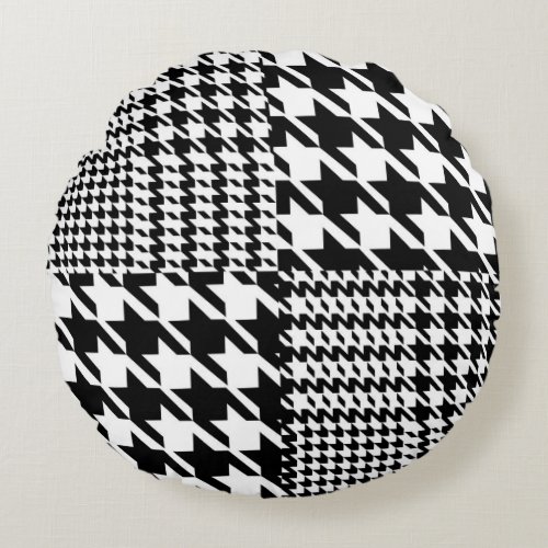 Houndstooth Black And White Patchwork Pattern Round Pillow