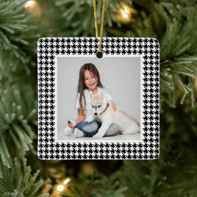 Houndstooth black & white holiday photo Christmas Ceramic Ornament (Tree)
