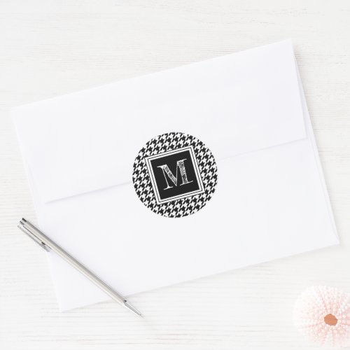 Houndstooth Black White  Modern Monogram Classic Round Sticker