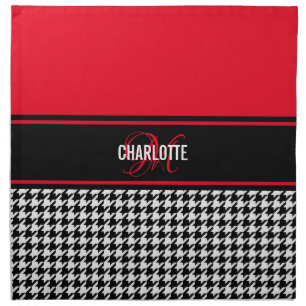 Houndstooth black white red monogram name cloth napkin