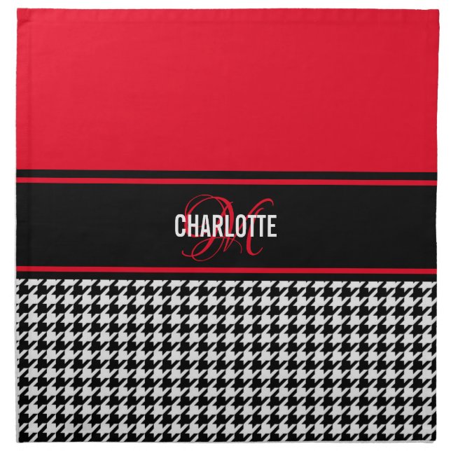 Houndstooth black white red monogram name cloth napkin (Front)