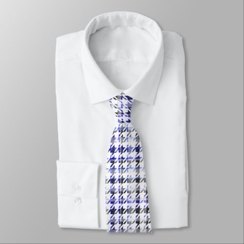 Houndstooth Blue Black and White Plaid Pattern Neck Tie