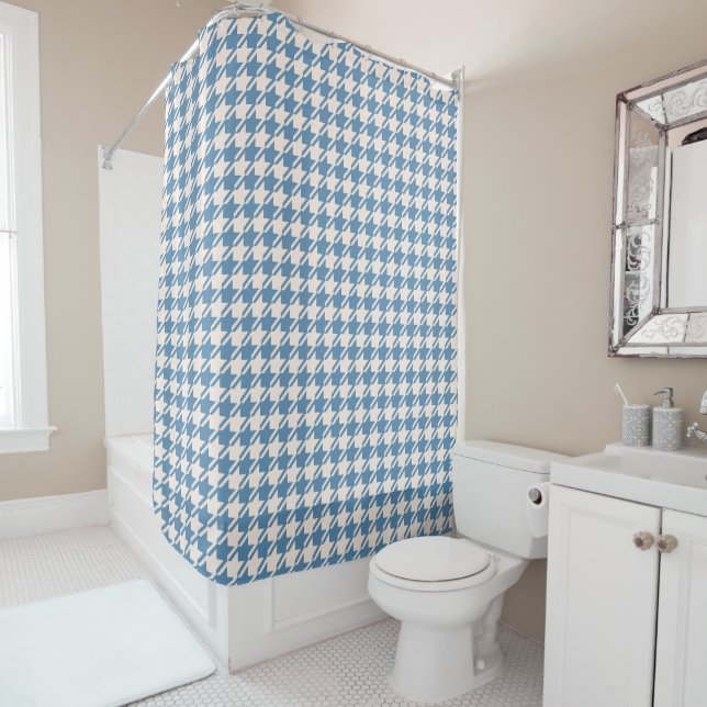 Houndstooth Blue+Cream Pattern Shower Curtain (In Situ)